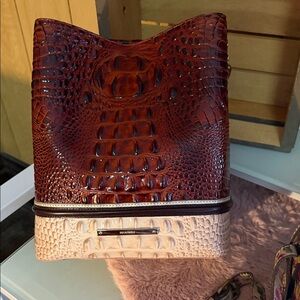 Brahmin Rich Brown and Cream Crocodile Embossed Bucket Bag